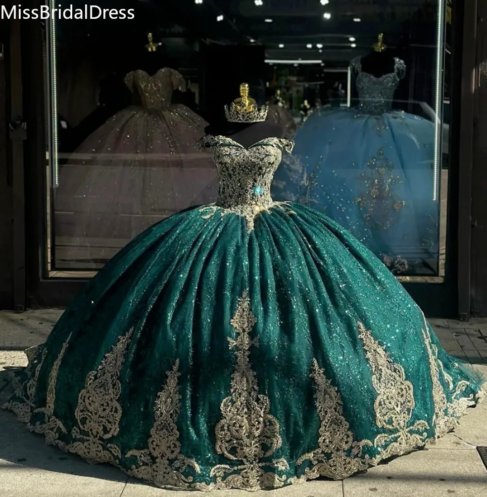 Dark Green Princess Quinceanera Dresses Prom Ball Gown Off Shoulder Glitter Sequins Vestido De Quinceanera Gold Appliqued 15 Masquerade Dress 0916