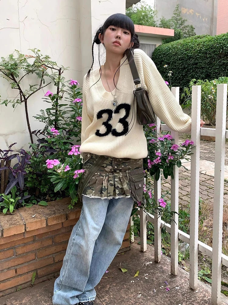 Harajuku Vintage Grunge Letter Jacquard Sweaters Women Y2k Aesthetic Oversized U Neck Jumpers Streetwear Casual Gothic Pullovers 251027