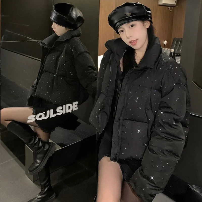 Women Autumn Winter Elegant Puffer Jacket Coats Chic Short Zipper Parkas Coat Korean Fashion Stand Collar Solid Outerwear 251015