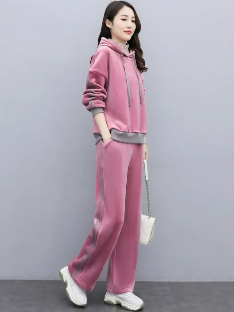 Winter Fleece Lining Thicken Warm Women Velvet Tracksuit Pullover Hooded Sweatshirt Straight Pants Running Sports Two Piece Set 251027