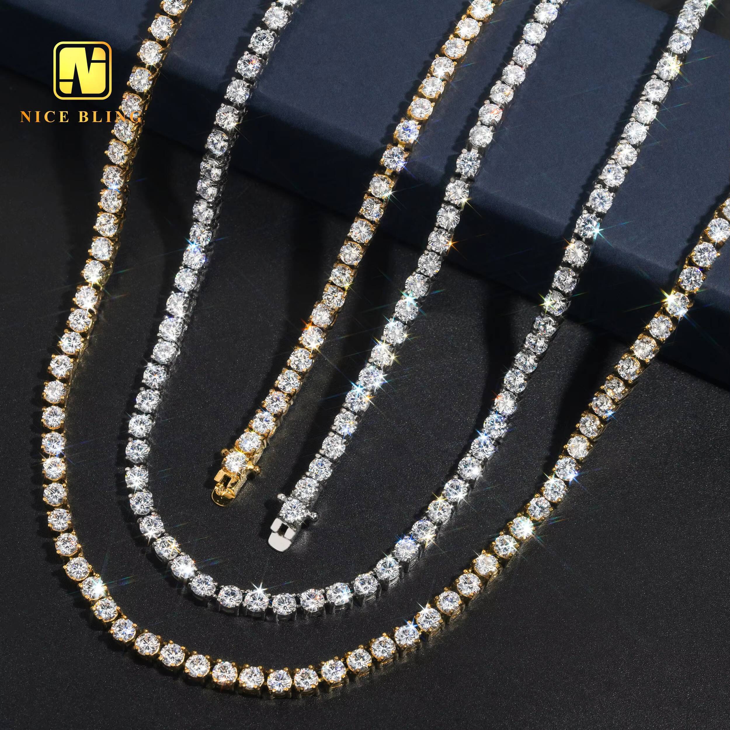 Wholesale Price 18k Gold Plated Hip Hop Jewelry 316l Stainless Steel Tennis Chain 4mm 5a Moissanite Diamond Tennis Necklaces Bracelets