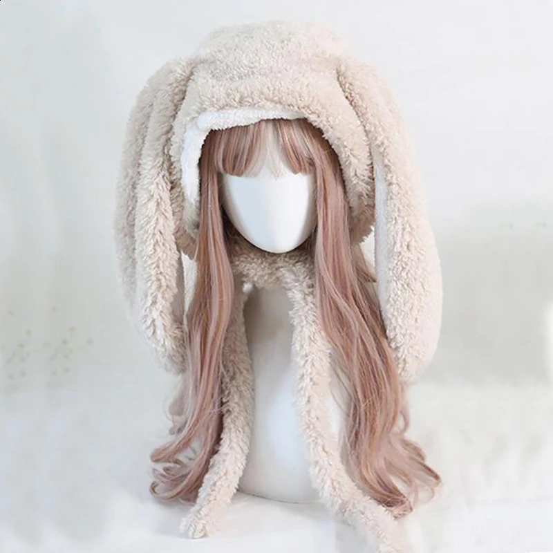 Japanese Loppy Bunny Eared Rabbit Cap Lolita Girl Earmuffs Cap Sweet Cute Rabbit Ears Plush Warm Winter Fleece Hats 251027