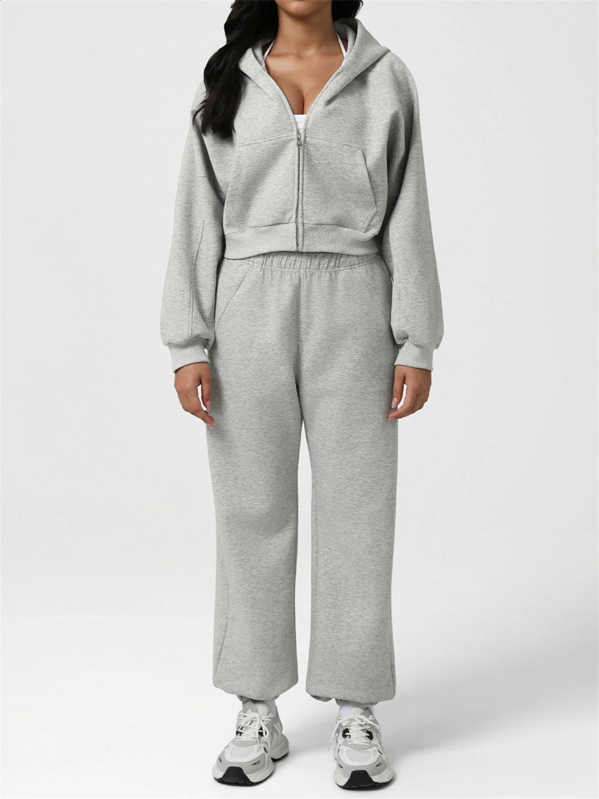 Autumn Winter Loose Fitness Sets Womens Tracksuit Long Sleeve Zipper Hoodies Jacket High Waist Pocket Sweatpants Sports Suits 251027