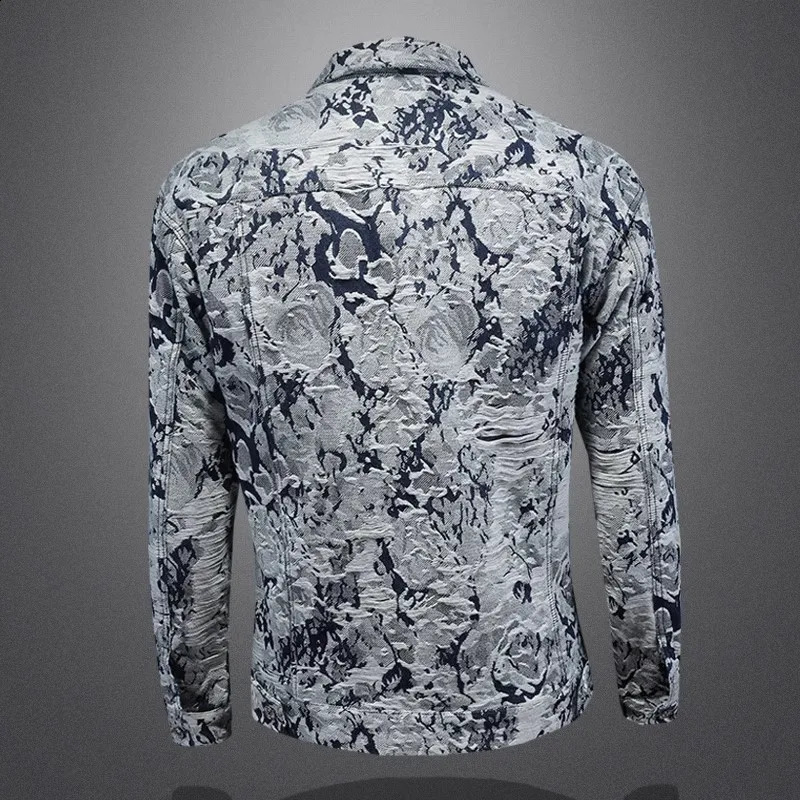 High Quality Spring Autumn Mens Denim Jacket Casual Long Sleeve Single Breasted Ripped Lapel Trendy Jacquard Plus Size 251017