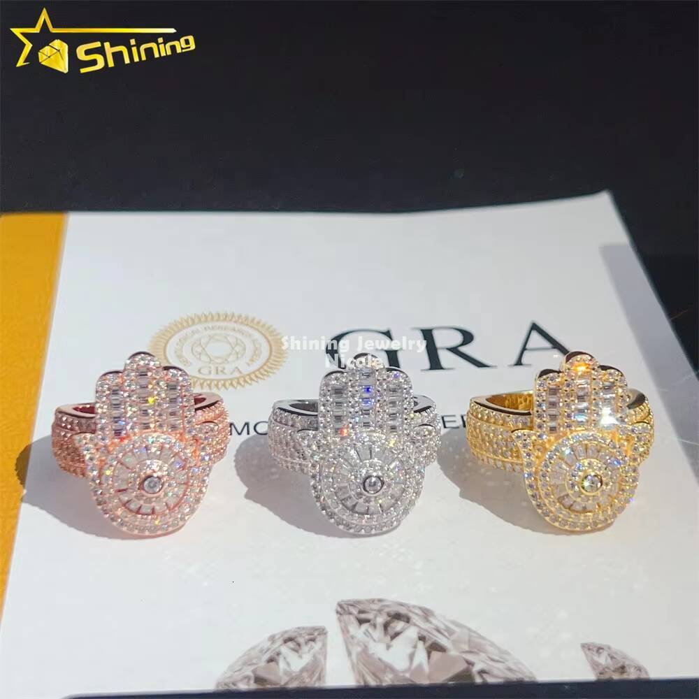 Wholesale Price High Quality Baguette Diamond 925 Silver Rings Hip Hop Moissanite Hamsa Hand Ring
