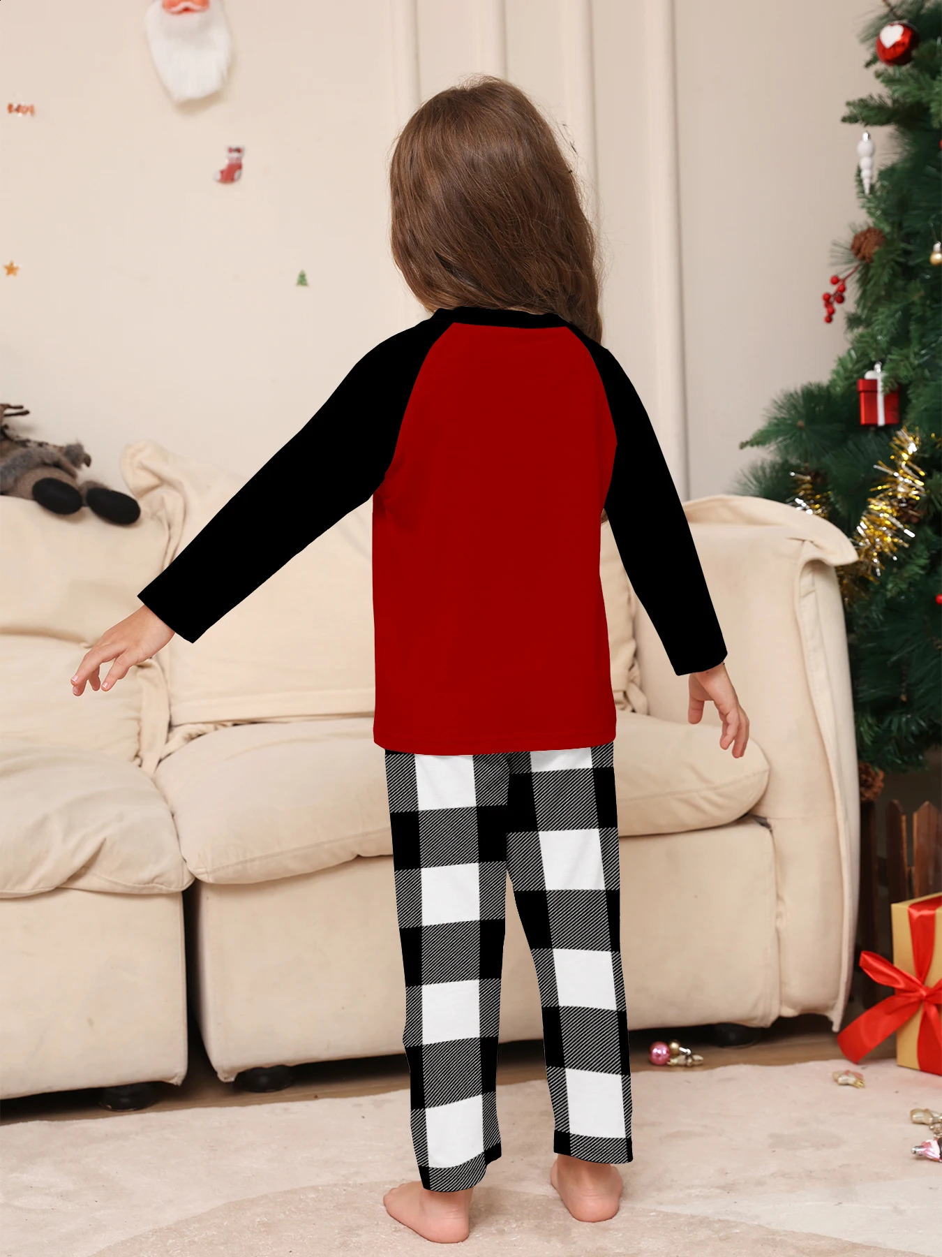 Christmas Family Matching Pajamas Set MERRY CHRISTMAS Raglan Sleeve Red Black Top Black White Plaid Sleepwear 251027