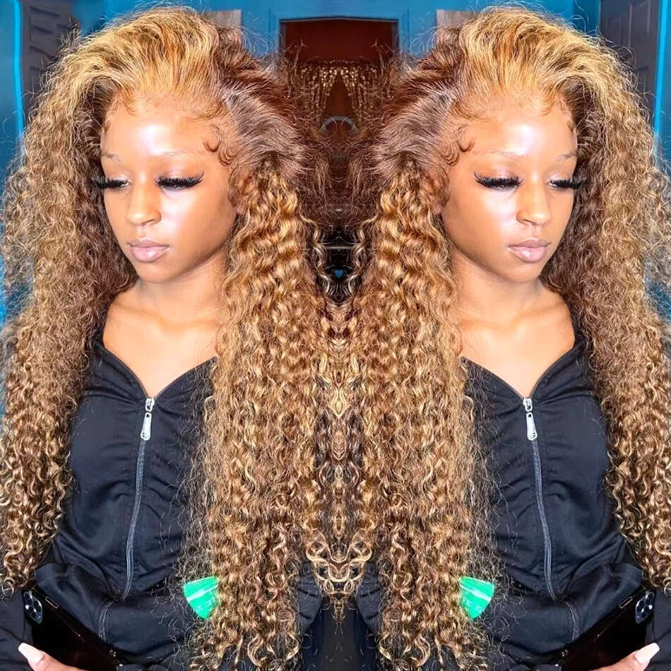 250% Density 13X4 HD Transparent Lace Front Human - Ombre Honey Blonde To Darker Brown Kinky Deep Curly With Pre-Plucked Baby Hair, Vacation Style Nat