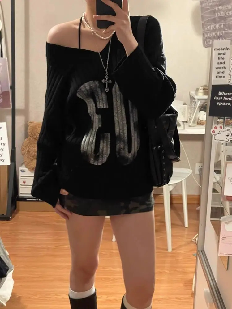 Fashion Letter Print Knitted Pullover Off Shoulder Sweaters Mujer 2025 Early Autumn Black Top Women Academia American 251027