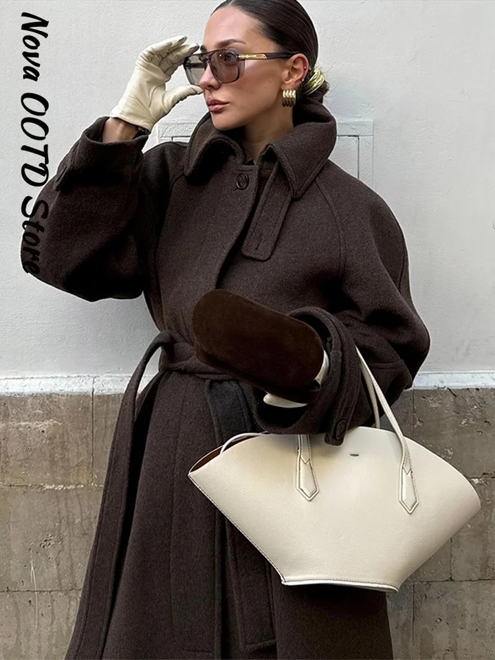 Chic Lace Up Long Woolen Coat Women Stand Collar Single Breasted Full Sleeve Thick Overcoats Autumn Winter Lady Outwear 251023