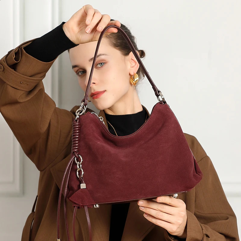 Burminsa Cowhide Suede Genuine Leather Hobo Shoulder Bags For Women 2025 Crescent Tote Crossbody Ladies Handbags 251018