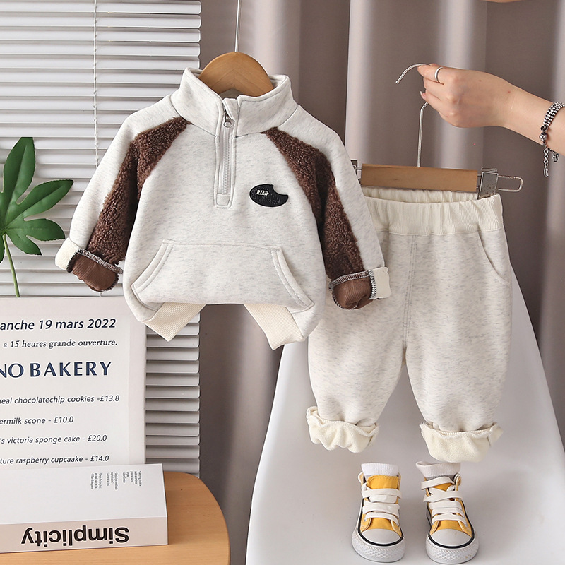 Free Shipping 2025 Boys Winter 2-Piece Set, Fleece-Lined Half-Zip Hoodie Outfit, Fashion Thermal Clothing for Toddler Boys