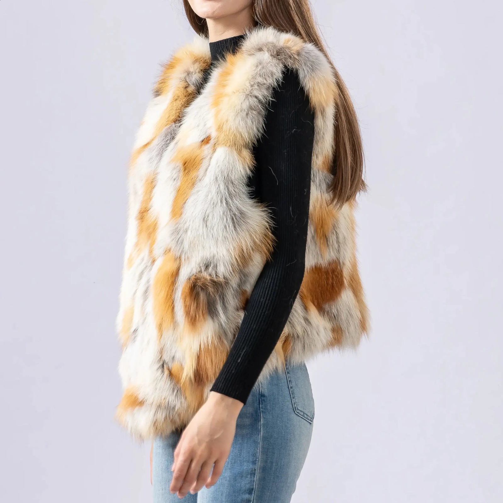 Womens Natural Fox Fur Vest For Winter Outerwear Sleeveless Waistcoat made of small pieces of colorful fur 251027