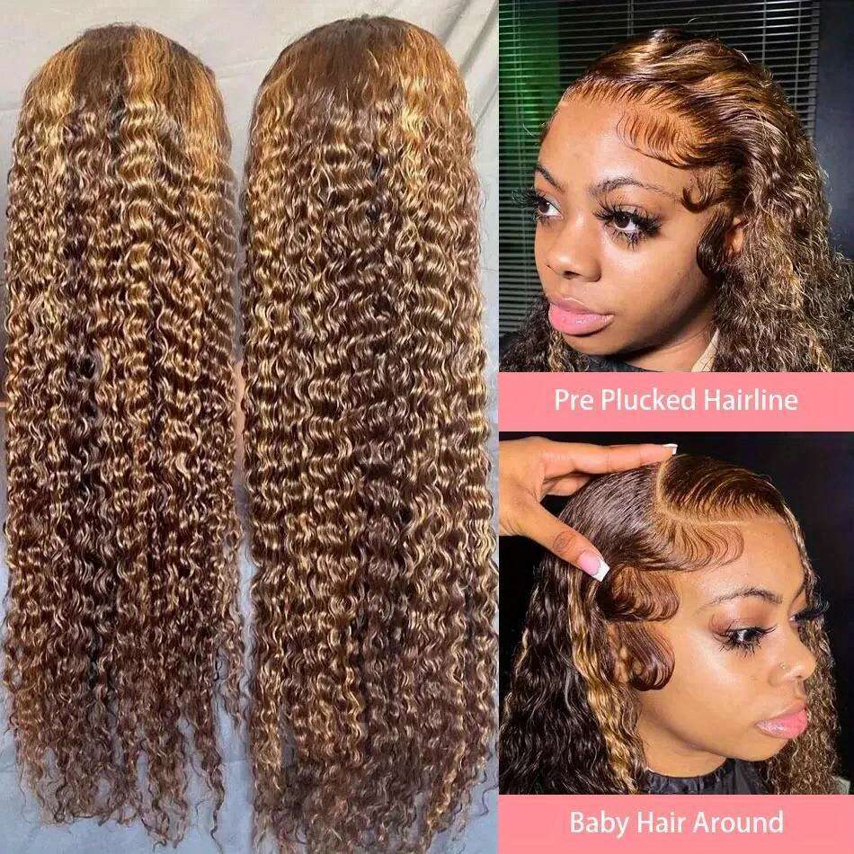 250% Density 13X4 HD Transparent Lace Front Human - Ombre Honey Blonde To Darker Brown Kinky Deep Curly With Pre-Plucked Baby Hair, Vacation Style Nat