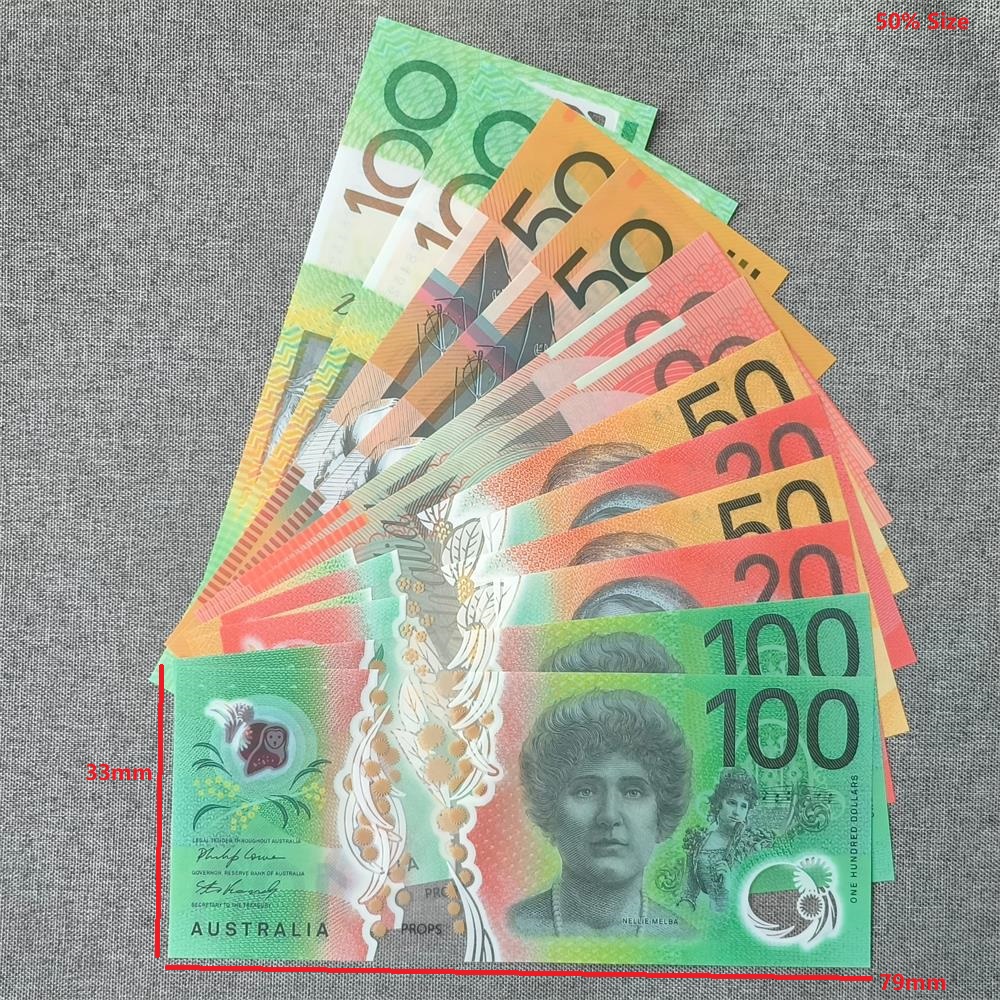 5A 0.08mm ULTRATHIN Polymer Australian AUD Prop Money Notes 20 50 100 Dollar Movie Australia Fake Money Plastic Realistic with Clear Window 75*32mm 50% Size
