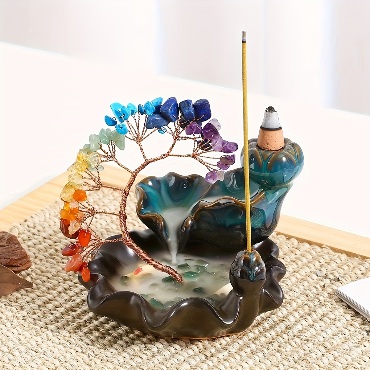 Designer Handmade Wealth Tree with Colorful Crystal Stone Woven Ornament, Colorful Bohemian Style Home Decor, Holiday Gift