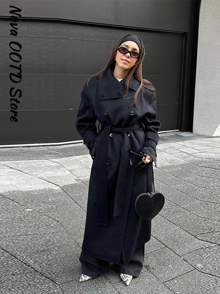 Chic Lace Up Long Woolen Coat Women Stand Collar Single Breasted Full Sleeve Thick Overcoats Autumn Winter Lady Outwear 251023