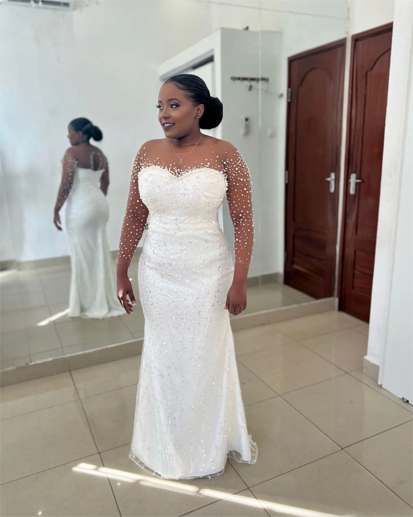 Ivory Satin Mermaid Wedding Dress with Pearls & Sequins Full Sleeves and Detachable Train