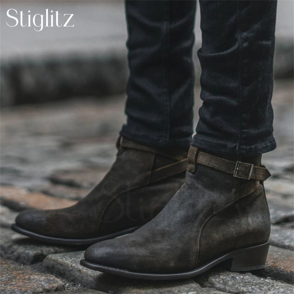 Functional Square Buckle Booties for Men Black Suede Genuine Calf Leather Ankle Boots HandSewn Timeless Style Mens Ankle Boots 251023