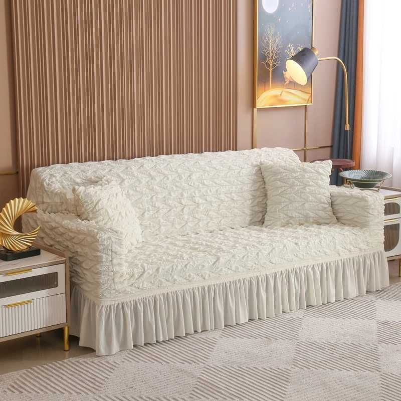 Stretchable Seersucker Sofa Cover Bubble Grid Design Washable Durable Easy Fit with Skirt Furniture Protector for Living Room C251028