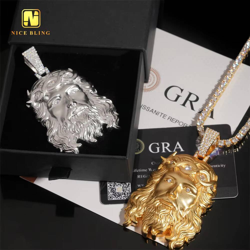 Big Size Ready to Ship Custom Solid Back Jesus Head Charms 925 Silver Diamond Hip Hop Moissanite Jewelry Iced Out Pendant