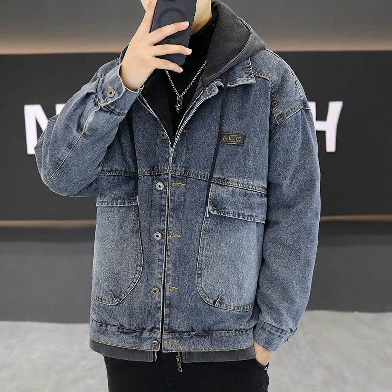Winter Mens Thicken Warm Denim Jacket Cotton Loose Hooded jean Outwear Coat Solid jacket Men Casual Couple Streetwear 251017