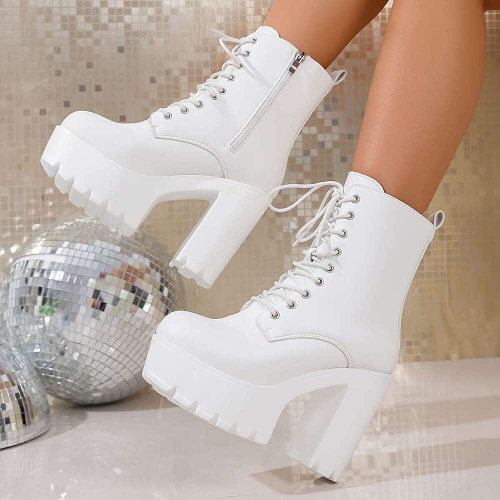 Women's Chunky Platform All-Season Lace-Up Side Zipper Closure, Cushioned Insole & Non-Slip Rubber Sole Elegant White Boots For Parties, Travel, 