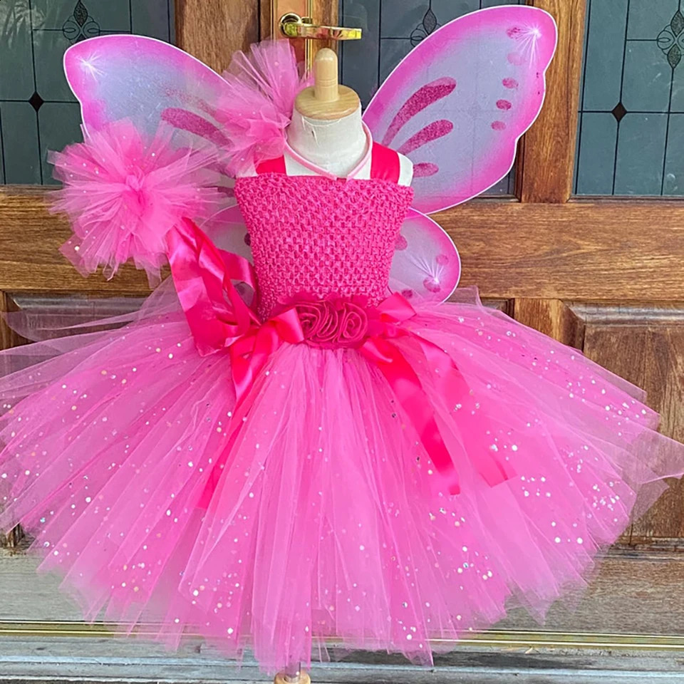 Girls Pink Glitter Tulle Dress Kids Butterfly Fairy Tutu Dresses with Wing and Stick Hairbow Children Halloween Cosplay Costume 251023