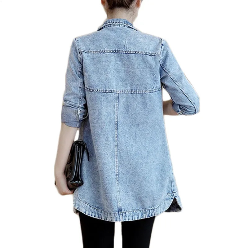 Autumn Winter Korean Denim Jacket 5XL Women Slim Long Base Coat Womens Frayed Navy Blue Casual Female Jeans Jackets Coats 251015