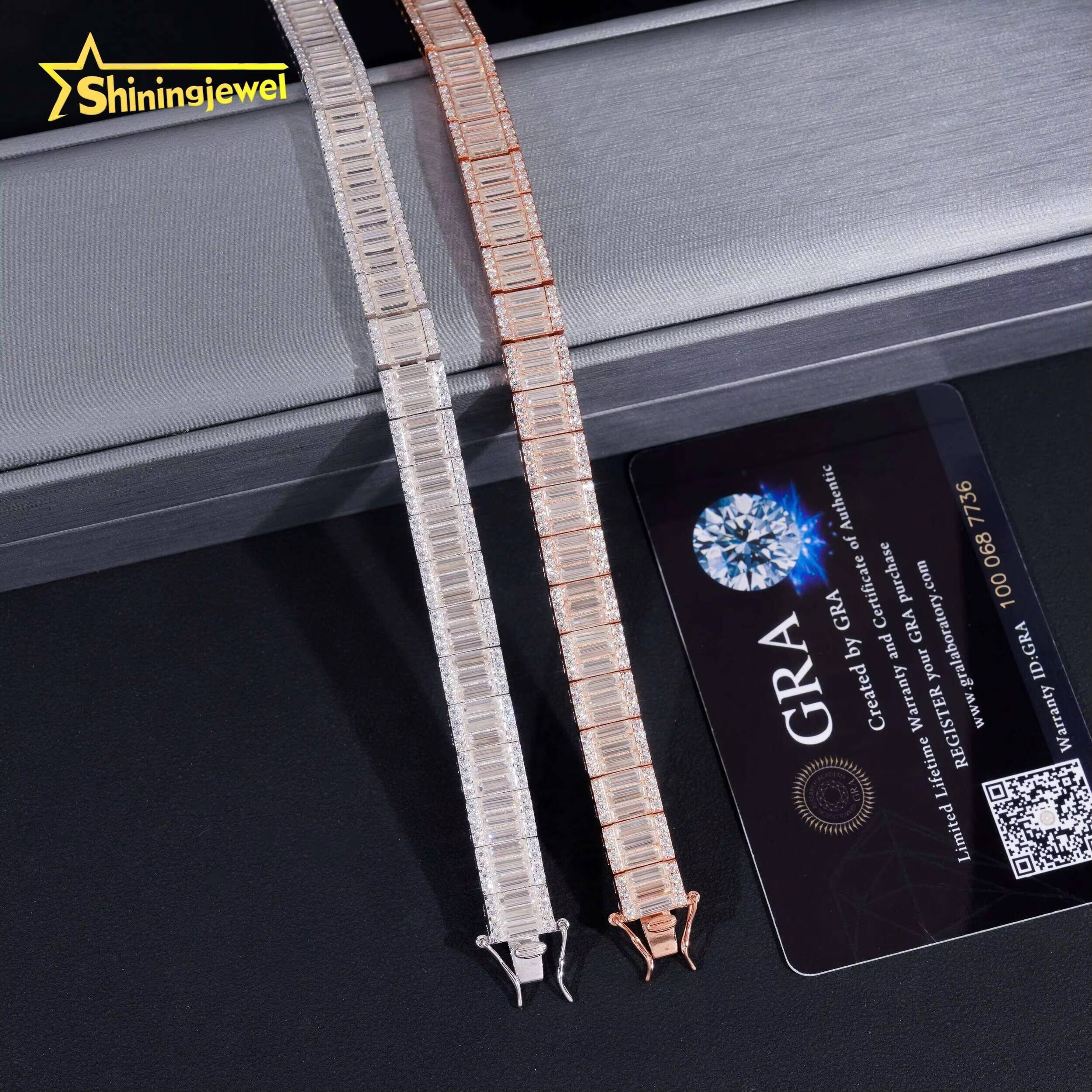 Luxury Jewelry Hip Hop Style 925 Sterling Silver 9mm Width Baguette Diamond Moissanite Tennis Bracelet
