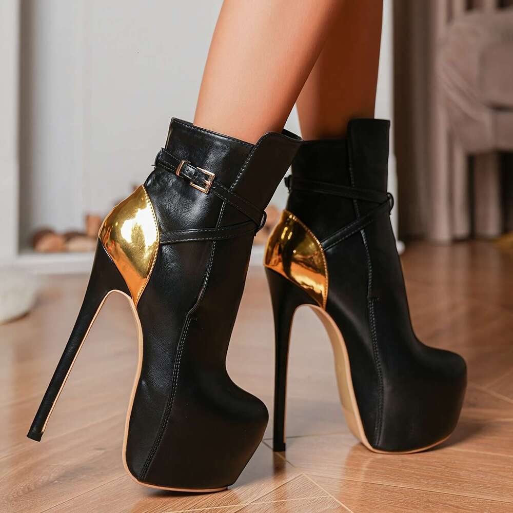 Plus Size 45/16Cm Stiletto Heels PU Cover Platform Ankle Boots With Adjustable Straps, Red Black Zipper Closure Cushioned Insole - Elegant Office & At