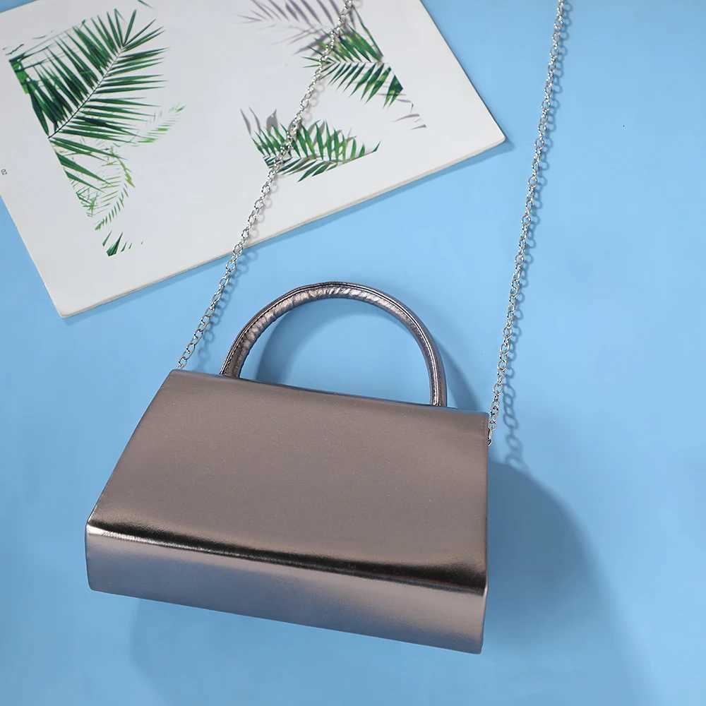 Gun Gray Leather Dinner Bag with Metal Chain Shoulder Strap for Banquet Party Travel Outing Small Items Storage H251027