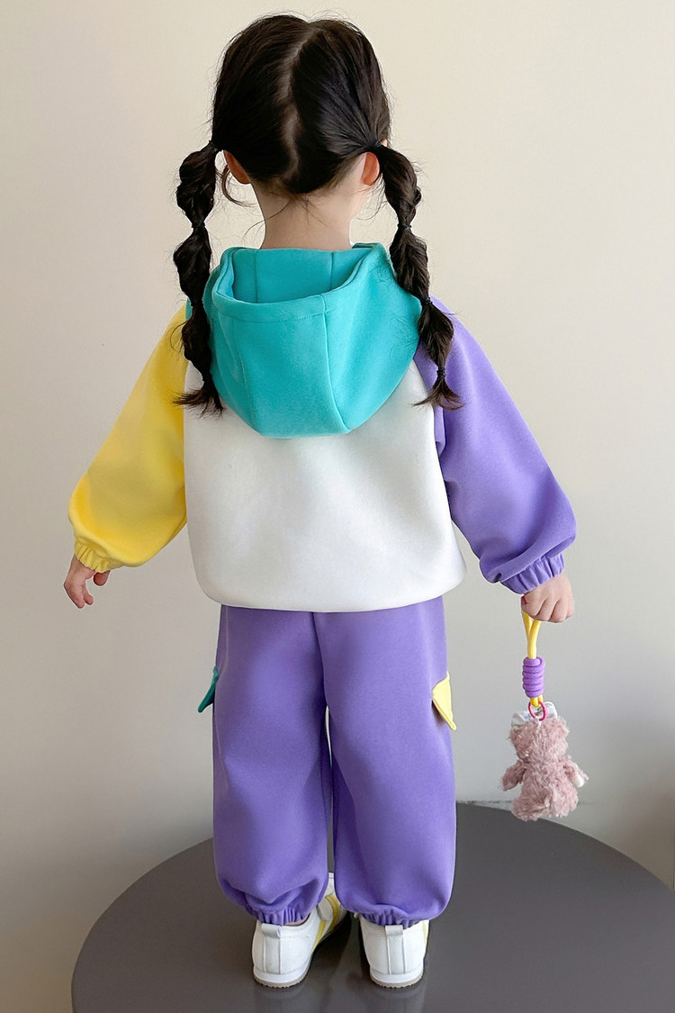 2025 New Style Girls Cartoon Color Block Sporty Tracksuit Autumn Trendy Toddler Kid Sweatshirt Two-Piece Set