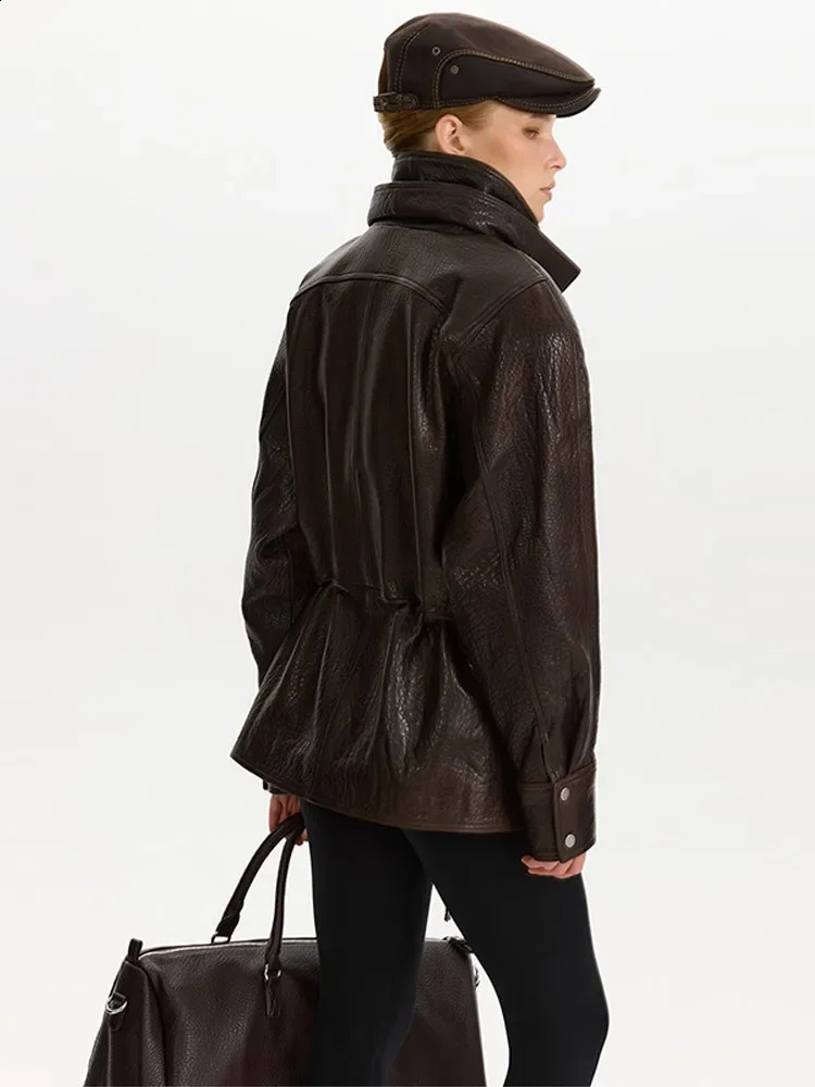 Drawstring Waist Brown Textured PU Leather Jacket Women High Neck Asymmetric Zip Button Detail Oversized Full Streetwear 251020