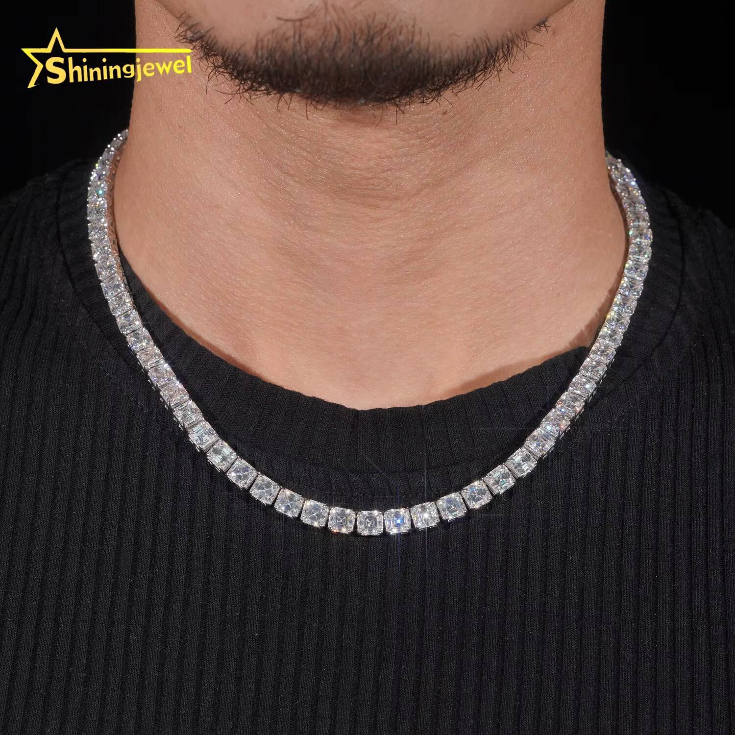 Wholesale Hip Hop Jewelry 925 Sterling Silver Fashion Necklace VVS Asscher Cut Diamond Iced Out Moissanite Tennis Chain Necklace