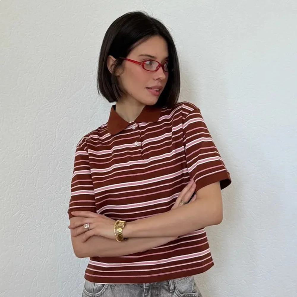 Retro Contrasting Striped Polo Shirt Spring and Summer Women Elegant College Style Casual Cotton Soft Short Sleeved Tshirt 251027