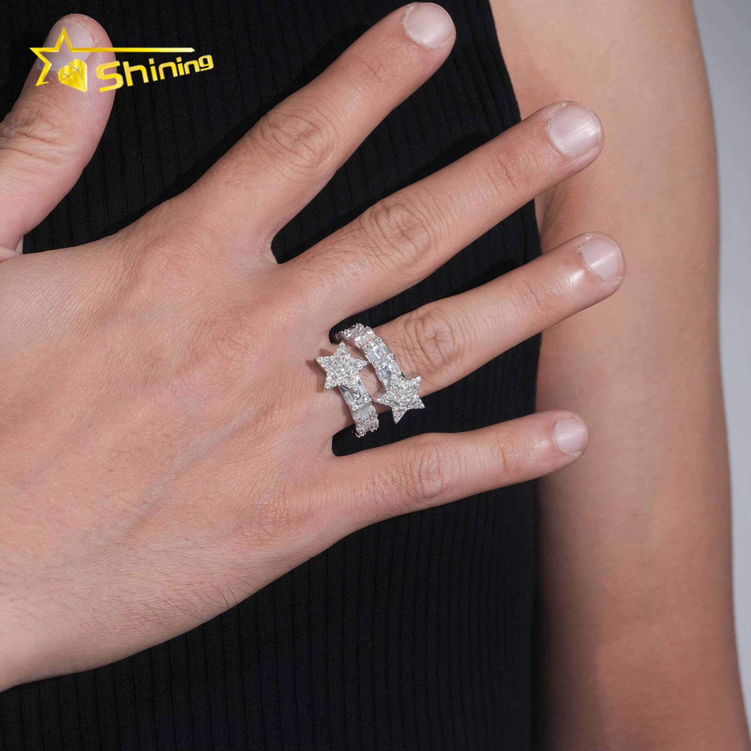 New Design 925 Sterling Silver Gold Plated Iced Out Baguette Moissnaite Pass Diamond Tester Star HipHop Rings