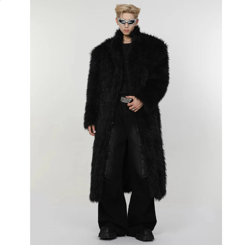 Mens winter artificial mink fur coat long over the knee fox fur wool fashion plush trench coat 251027
