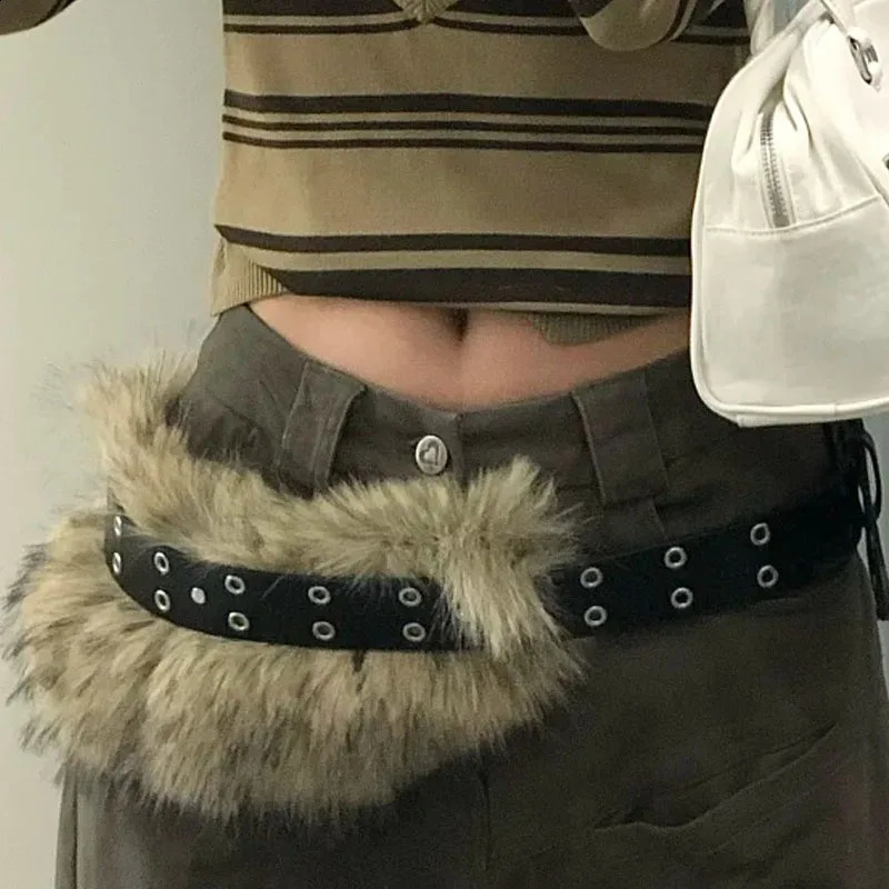 Punk Faux Fur Belts Y2K Vintage PU Studded Patchwork Belt Cowgirl Metal Plush Waist Chain Fashion Furry Waistband Jeans Belts 251027