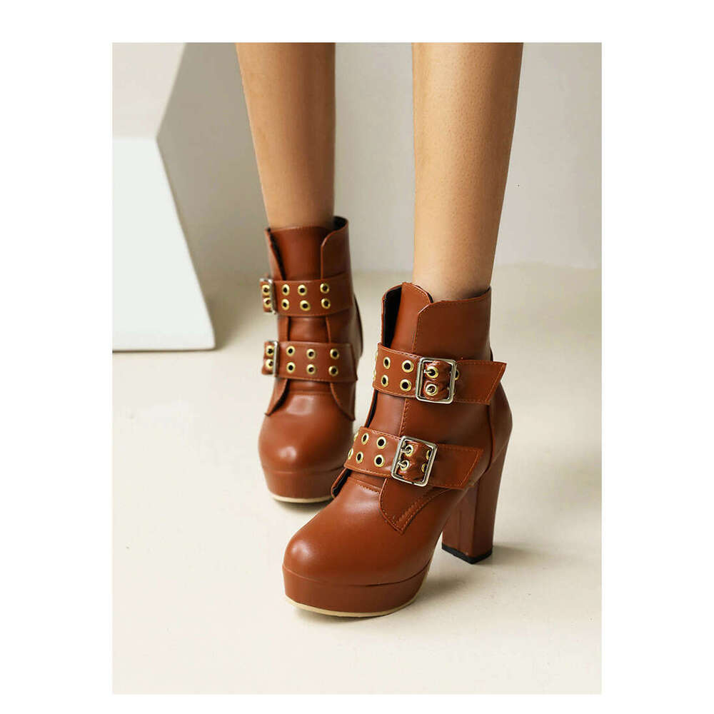 Women's Ultra High Block Heel Winter With Golden-Tone Metal Buckles Round Toe PU Upper, Thick Warm & Non-Slip Rubber Sole - Brown/Black Short Boo