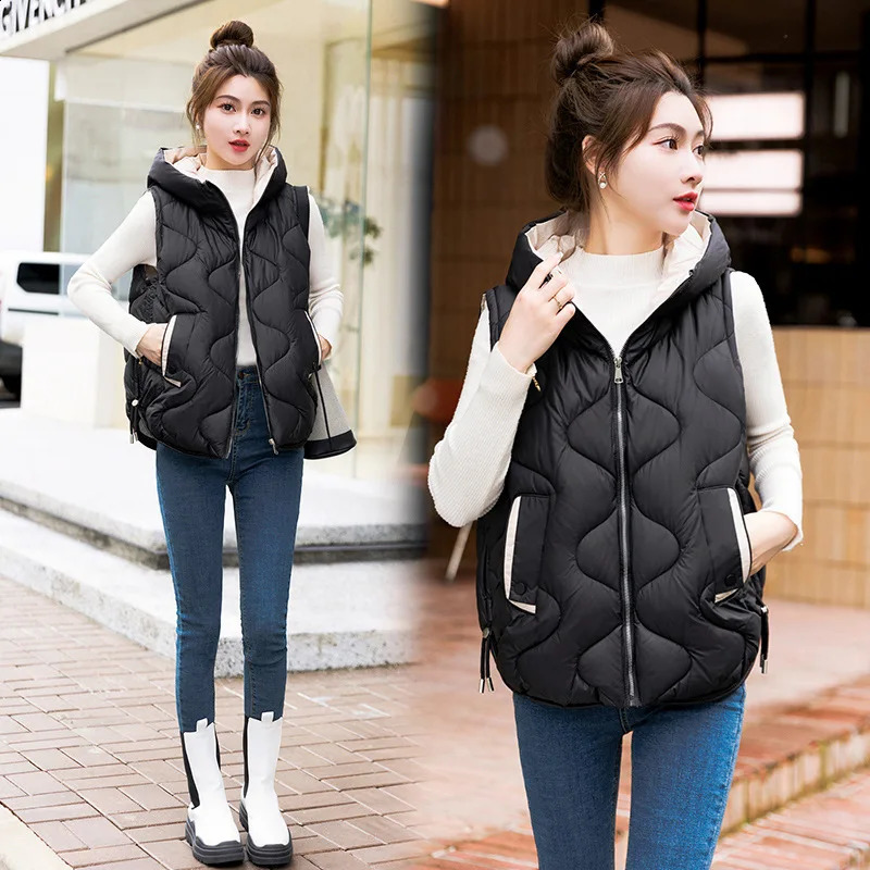 2025 Autumn Winter Warm Waistcoat Ladies Sleeveless Hooded Down Cotton Coat Women Outerwear Casual Puffer Vest Student Jacket 251027