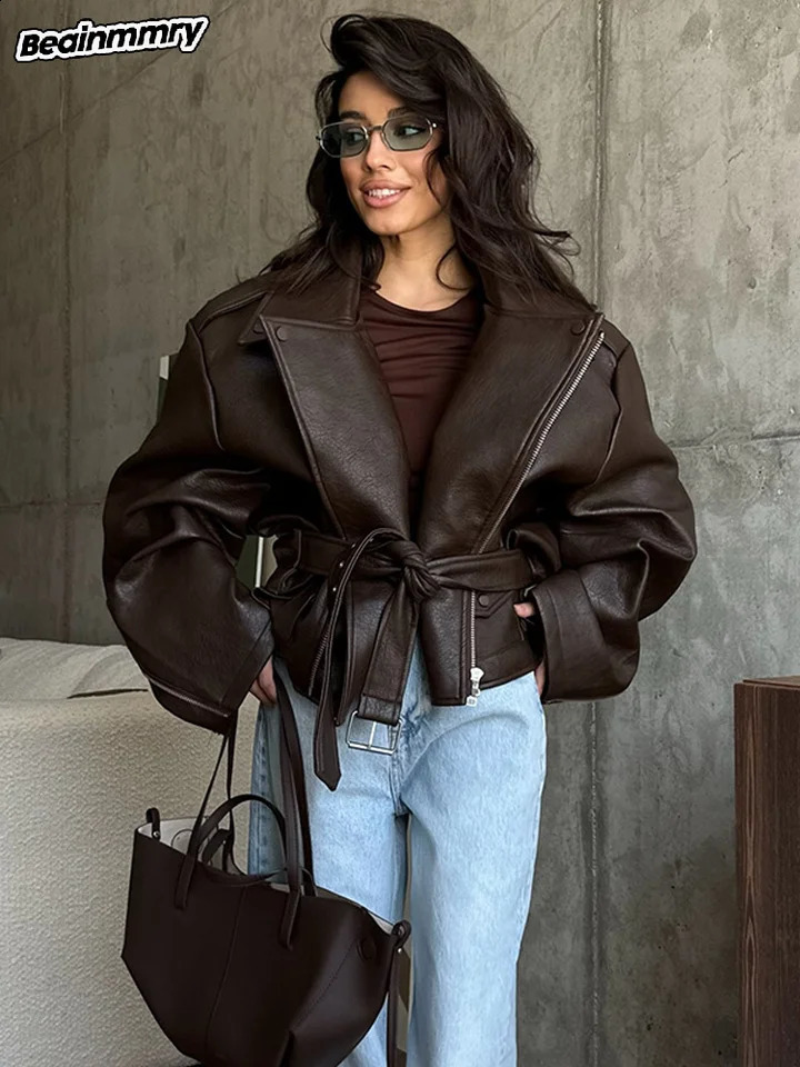 Women Chic Brown Leather Jacket With Belt Chic Long Sleeve Laple Zipper Short Coats 2025 Autumn Ladies Street Biker Jackets 251027