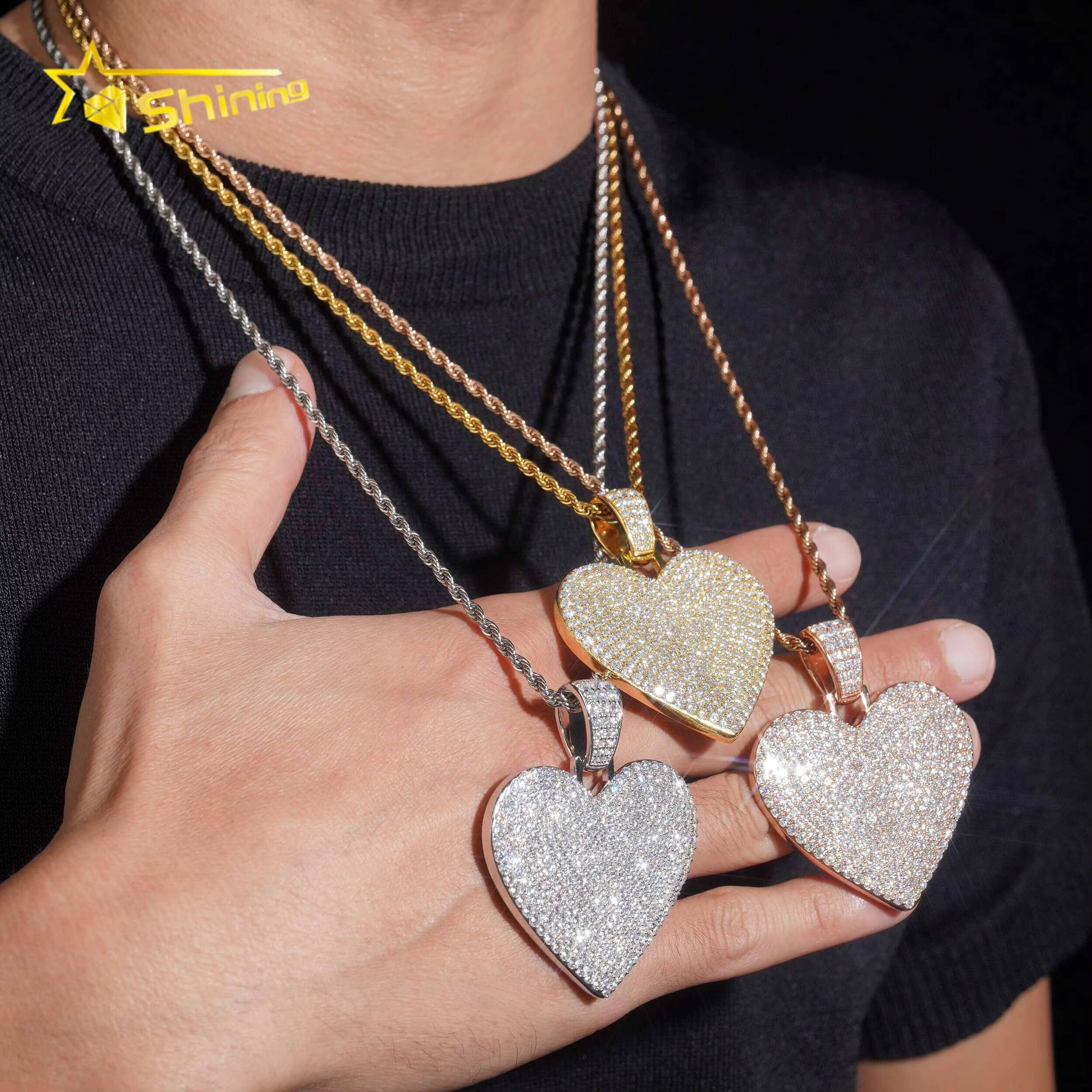 Hip Hop Jewelry Gold Plated Heart Pendant 925 Sterling Silver VVS GRA Pass Diamond Test Moissanite Iced Out Pendant