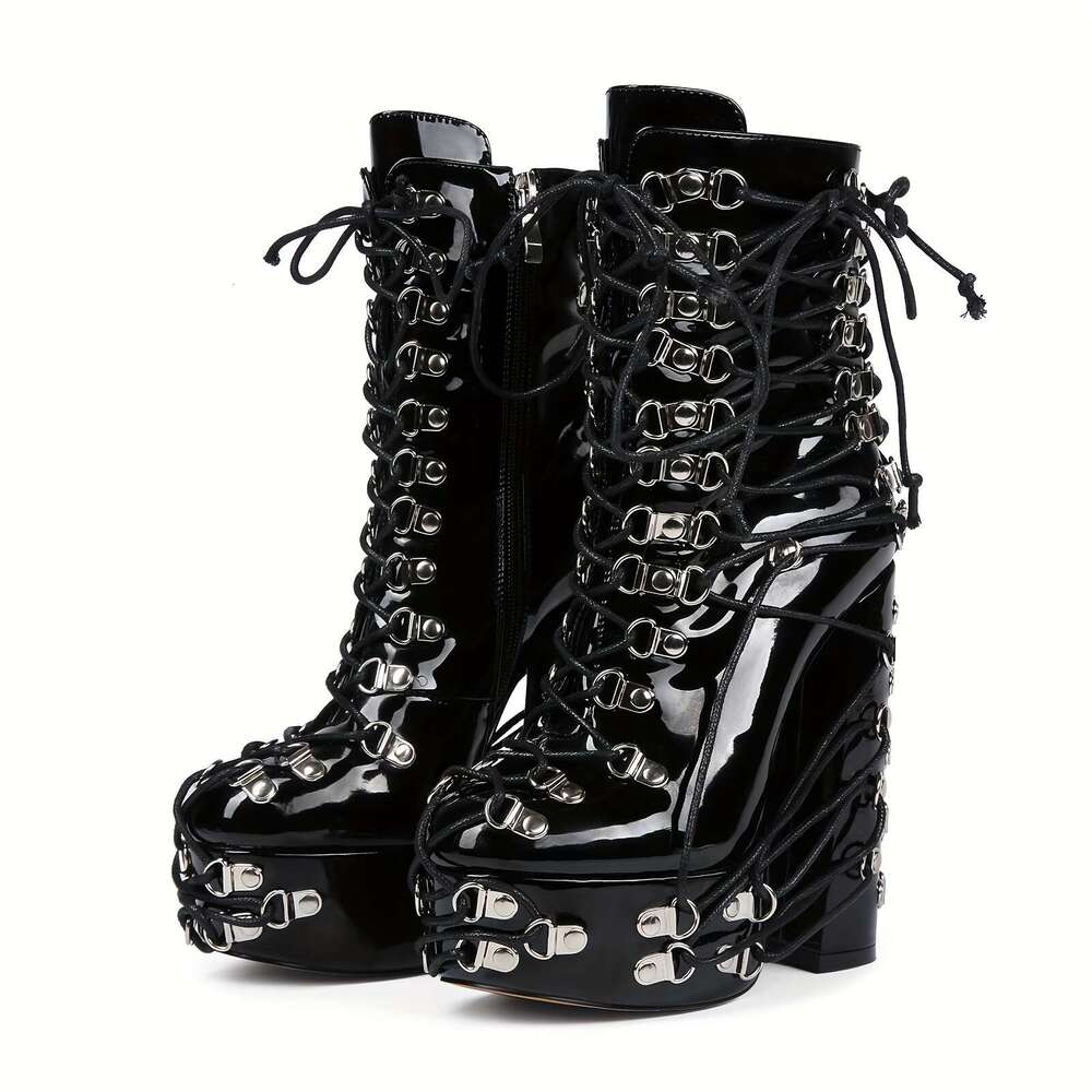 Women's Platform High-Heels With Ankle-Strapping Metal Buckles Glossy Black Gothic Non-Slip Rubber Sole For Parties, Events, Everyday - All-Seaso