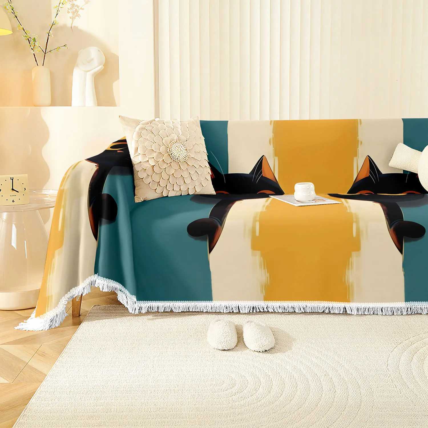 1234seater Blue and yellow patchwork design black cat print sofa cover tassel design washable sofa cover C251028