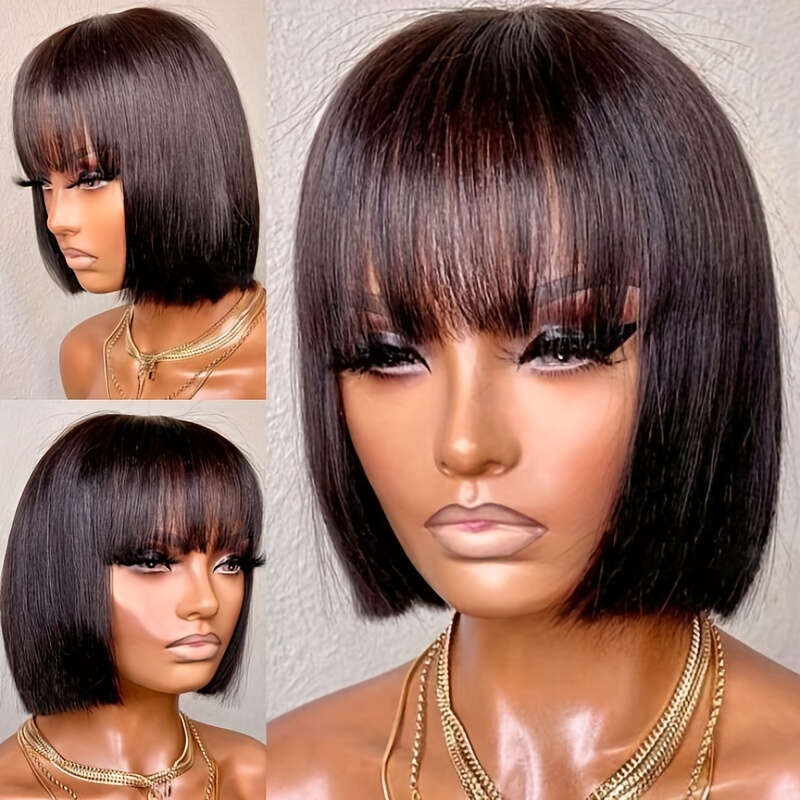 180% 4X1 HD Lace Short Straight Human Hair Glueless Wig Natural Color With Bangs Brazilian Remy Put On Go Bob Wigs For Women