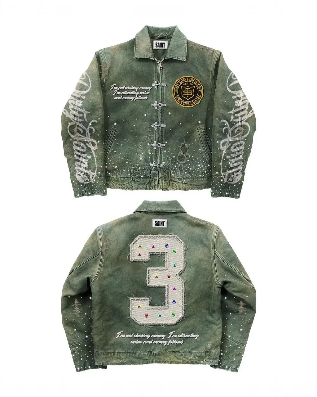 Oversized Retro Work Clothes Jacket Y2k Mens Loose Rhinestone Letter Patch Embroidery Coat Autumn Winter Denim 251027