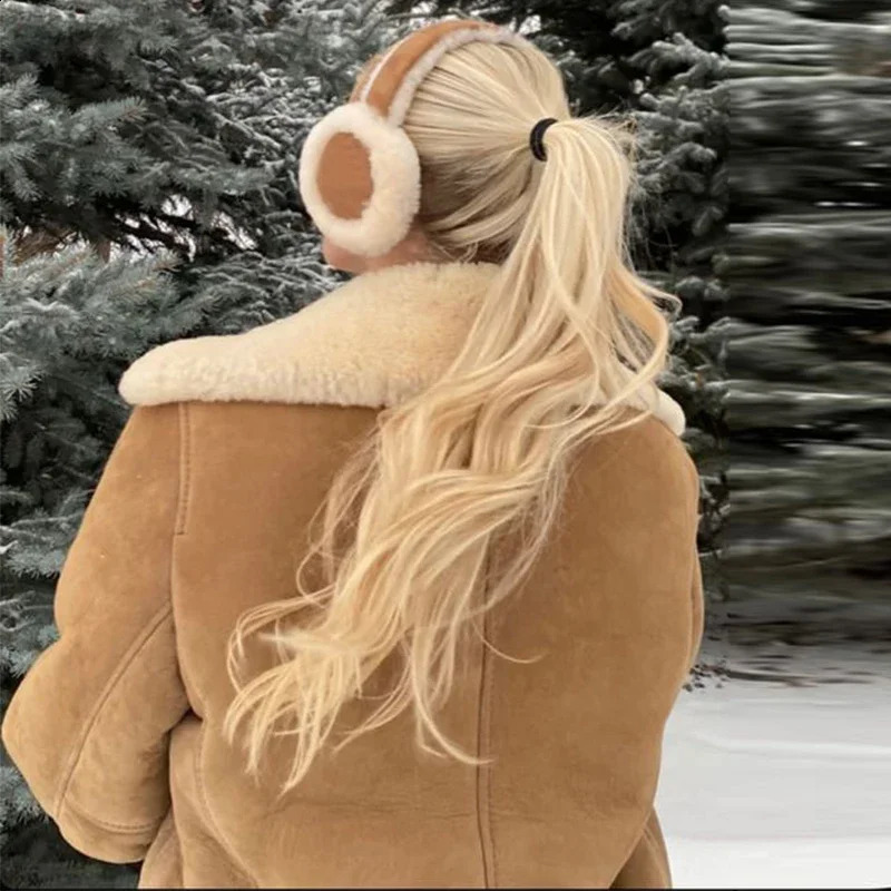 Wool Plush Earmuffs Ear Warmers Women Khaki Fashion Sheepskin Fur Earmuffs For Winter Warm Headphones Muffs Woman Cover 251027