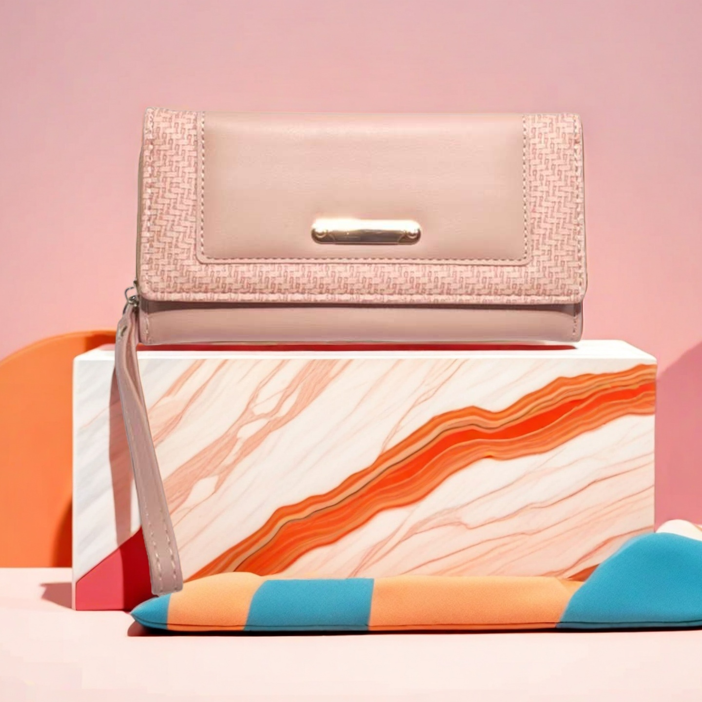 Wallets Women's Red Leather Clutch Wallet with Wristlet Strap - Textured Weave Detail, Gold Accent, Large Capacity Trifold Purse for Daily & Even