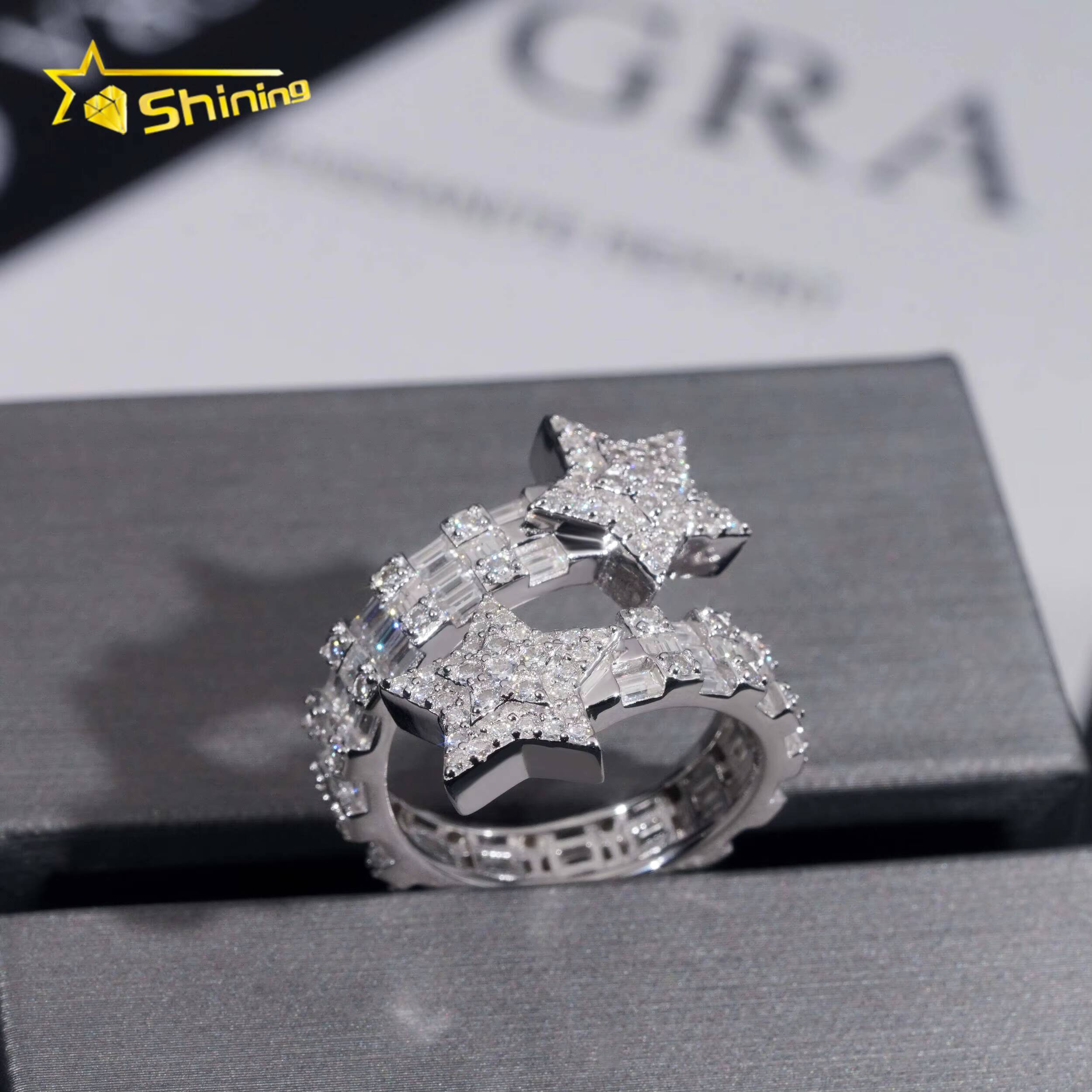 New Design 925 Sterling Silver Gold Plated Iced Out Baguette Moissnaite Pass Diamond Tester Star HipHop Rings