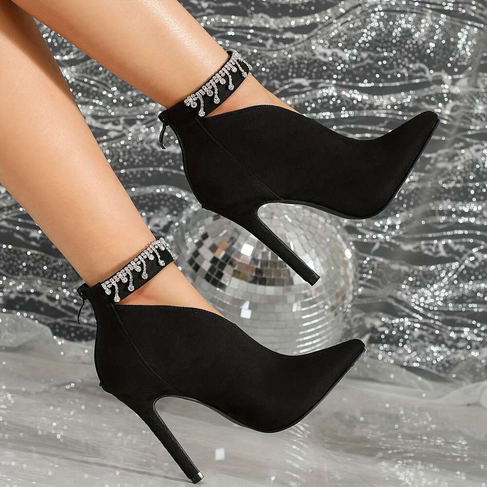 923-89 Zipper Chain Decorative Pointed Toe 4.33Inch Sexy Slim Ultra-High Heel Fashion Ankle Boots Nude 35-42